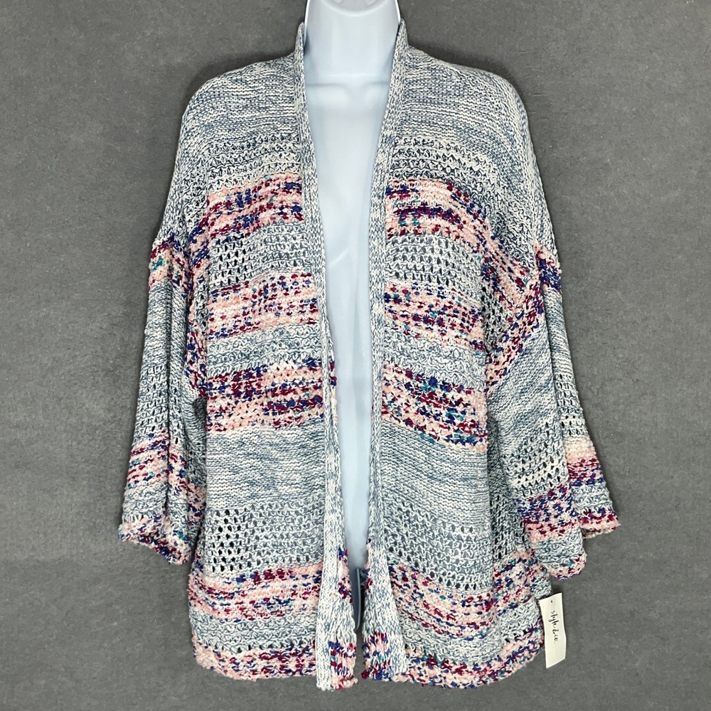 Style & Co Open Knit Cardigan Colorful Striped Lightweight Cozy Boho Size L